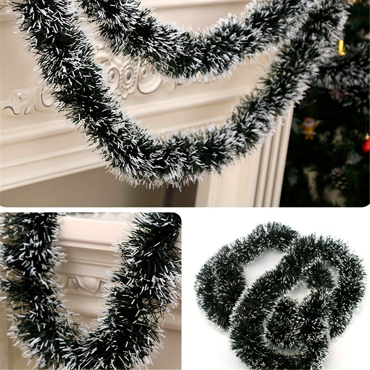 10m Artificial Pine Christmas Garland – Green & White Snowflake Tinsel