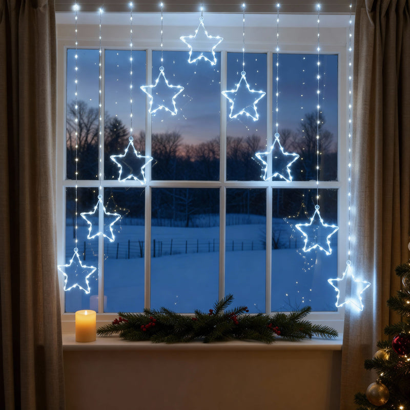 GloBrite 303 LED Star Curtain Lights – Indoor/Outdoor Christmas Window Lights