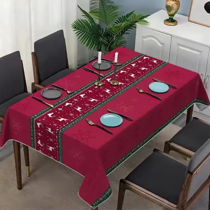 Burgundy Red & White Christmas Tablecloth – Snowflake Reindeer Rectangular Cover