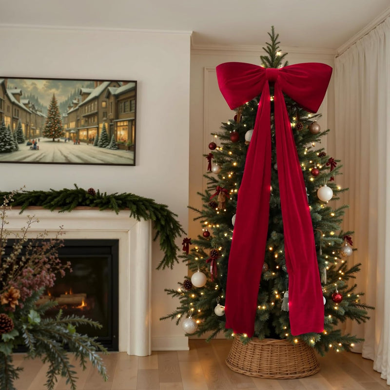 Large Luxury Red Velvet Christmas Tree Topper Bow – Deep Burgundy Glossy Bow