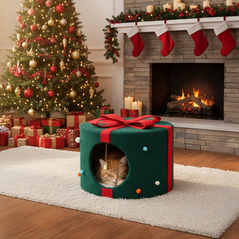 Christmas Cat Bed with Bells – Gift-Shaped Pet Cave for Cats & Small Dogs - 42x42x30cm