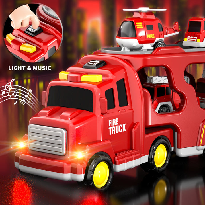 5-in-1 Fire Truck & Car Carrier – Friction Action Toy with Lights & Sounds (Ages 3–6)