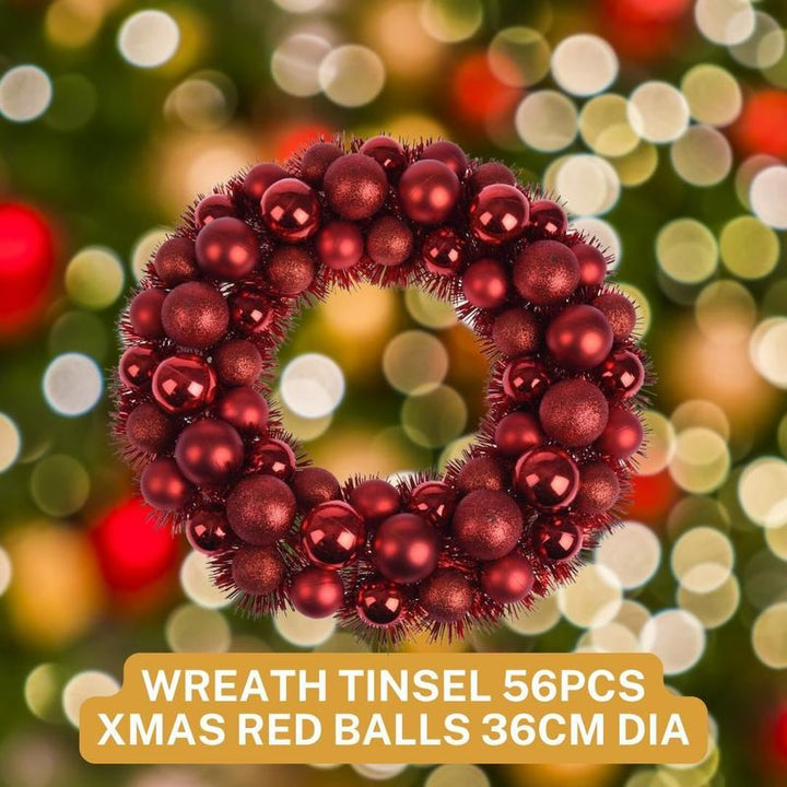 36cm Tinsel Christmas Wreath – 56 Red Baubles (Matte, Glitter & Chrome)