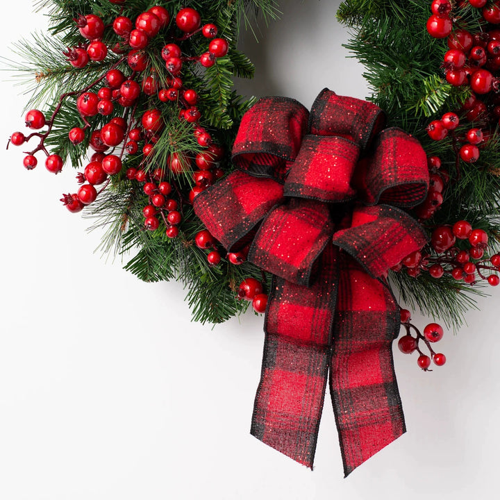 Large Red Berry Christmas Wreath – Burgundy Bow & Plaid Ribbon Door Decoration