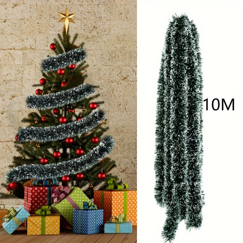 10m Artificial Pine Christmas Garland – Green & White Snowflake Tinsel