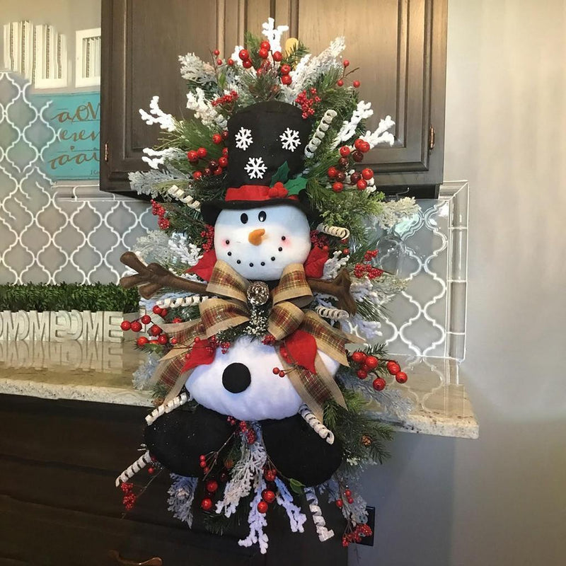 Snowman Swag Christmas Wreath – Plaid Bow, Pine Branches & Red Berries
