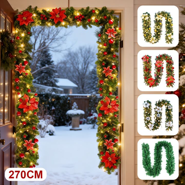 2Pcs 9ft/2.7m Artificial Christmas Garland – Pine Cones, Berries & Baubles