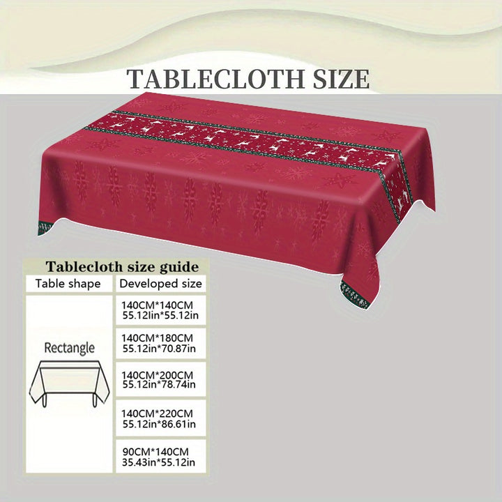 Burgundy Red & White Christmas Tablecloth – Snowflake Reindeer Rectangular Cover