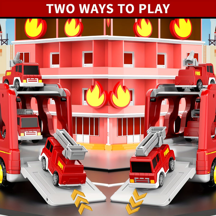 5-in-1 Fire Truck & Car Carrier – Friction Action Toy with Lights & Sounds (Ages 3–6)