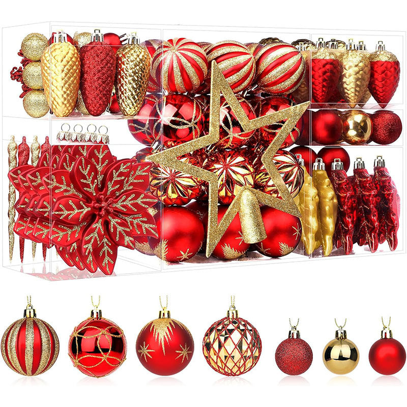 106Pcs Red & Gold Christmas Baubles Set – Shatterproof Ornaments with Hooks