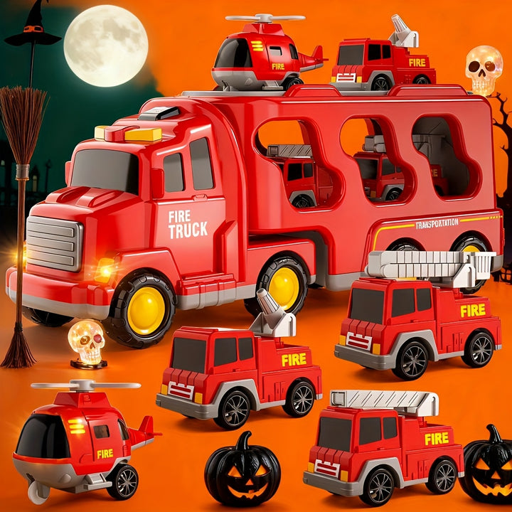 5-in-1 Fire Truck & Car Carrier – Friction Action Toy with Lights & Sounds (Ages 3–6)