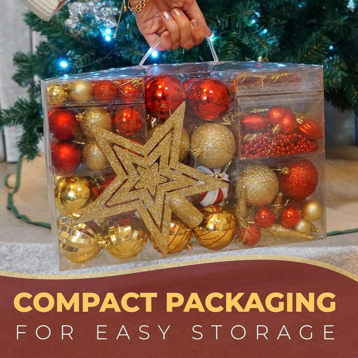 Festive Fix 130Pcs Christmas Baubles Set – Red & Gold Shatterproof Ornaments