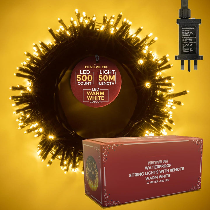 Festive Fix Warm White LED Christmas Tree Lights – 8 Modes, Timer, Waterproof