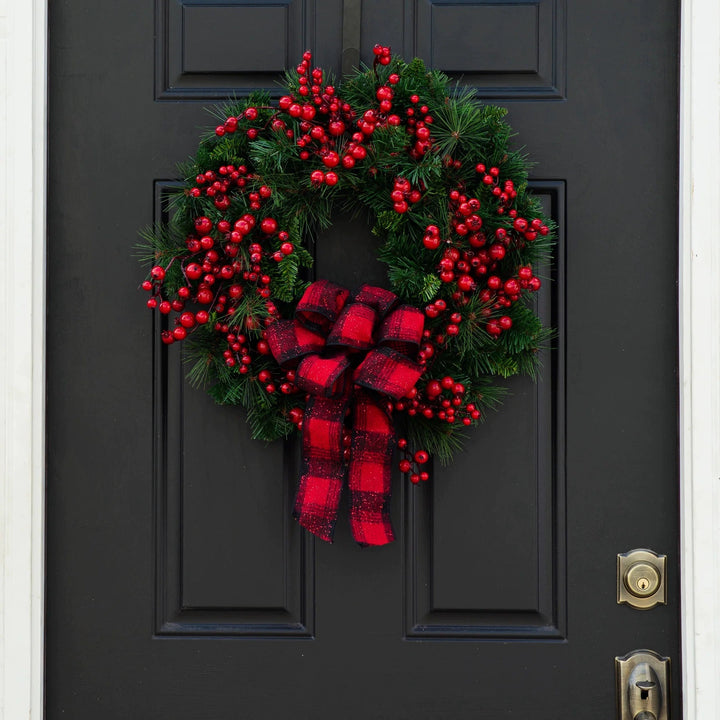 Large Red Berry Christmas Wreath – Burgundy Bow & Plaid Ribbon Door Decoration