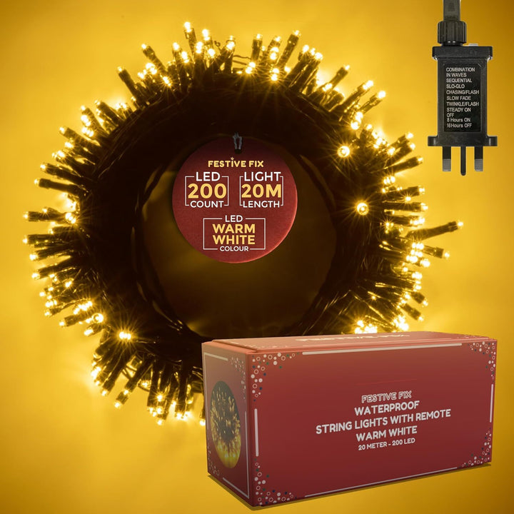 Festive Fix Warm White LED Christmas Tree Lights – 8 Modes, Timer, Waterproof