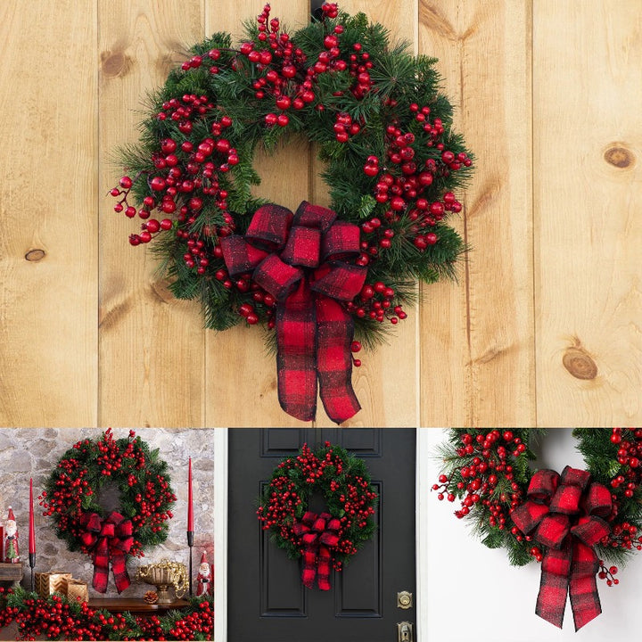 Large Red Berry Christmas Wreath – Burgundy Bow & Plaid Ribbon Door Decoration
