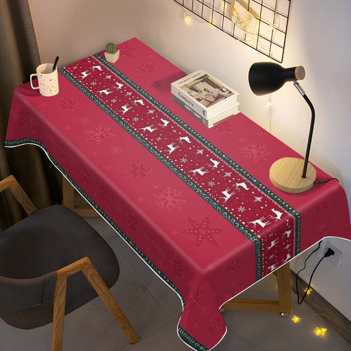 Burgundy Red & White Christmas Tablecloth – Snowflake Reindeer Rectangular Cover