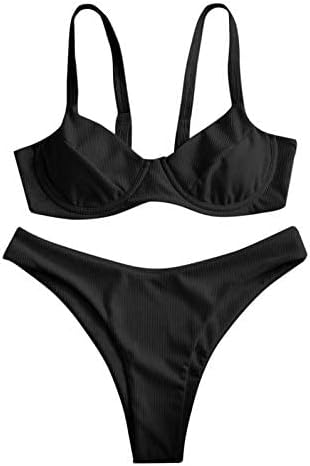ZAFUL Underwire High Leg Ribbed Bikini Swimsuit Two Pieces Set, Black, M