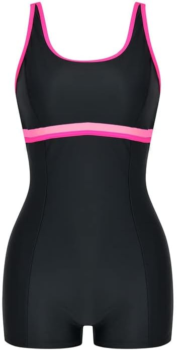 Veranohub Women's Boyleg One Piece Swimsuit Athletic Lap Bathing Suits Conservative Cut(Black/Light Pink,UK16)