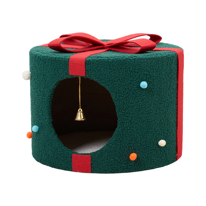 Christmas Cat Bed with Bells – Gift-Shaped Pet Cave for Cats & Small Dogs - 42x42x30cm