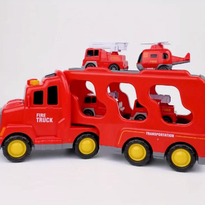5-in-1 Fire Truck & Car Carrier – Friction Action Toy with Lights & Sounds (Ages 3–6)