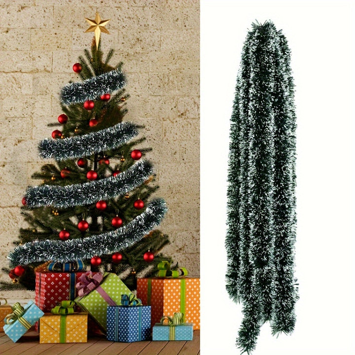 10m Artificial Pine Christmas Garland – Green & White Snowflake Tinsel