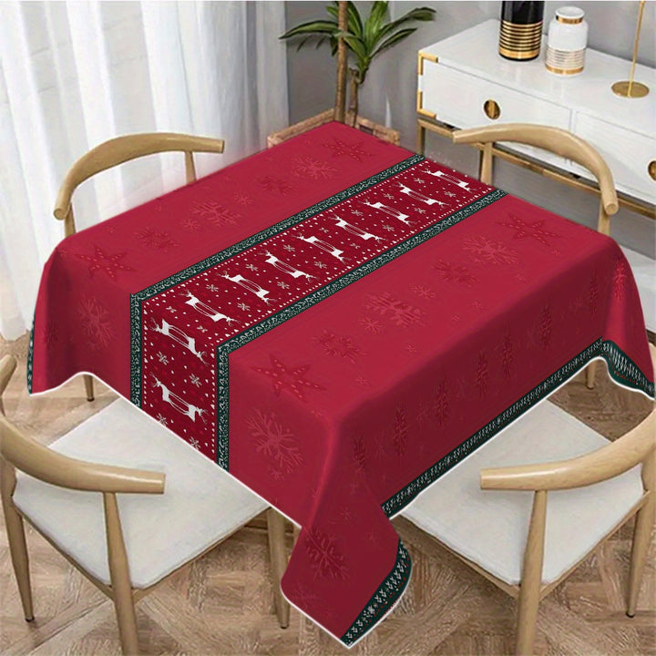 Burgundy Red & White Christmas Tablecloth – Snowflake Reindeer Rectangular Cover