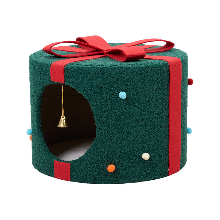 Christmas Cat Bed with Bells – Gift-Shaped Pet Cave for Cats & Small Dogs - 42x42x30cm