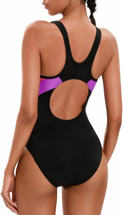 Veranobreeze Women's Sports One Piece Swimsuit Racerback Black Sports Swimwear（Pink & Purple, UK18）