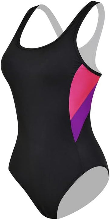 Veranobreeze Women's Sports One Piece Swimsuit Racerback Black Sports Swimwear（Pink & Purple, UK18）