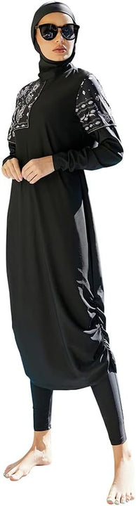 OBEEII Women's Swimsuit Muslim Suit Conservative Long Sleeve Trousers with Headscarf Three-Piece Beach Surf S-XL, Black 02, M