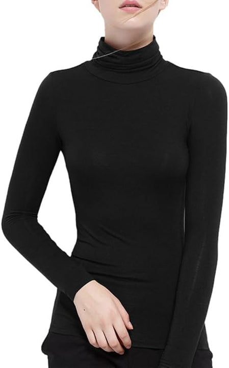 Zueauns Womens Polo Stretch Roll High Neck Long Sleeves T-Shirt Ladies Thermal Underwear Turtle Neck Top Shirt Tee(Black,3XL)