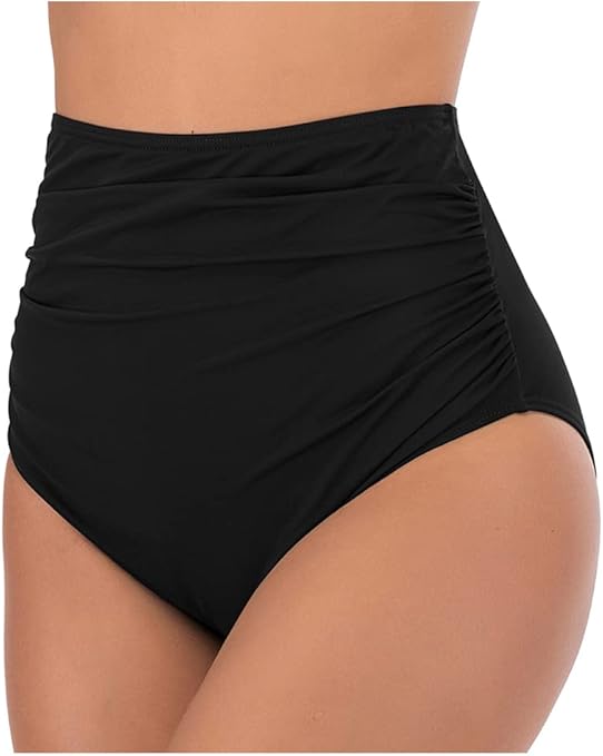 Lovache Women's High Waisted Bikini Bottoms Solid Ruched Tummy Control Swim Briefs Black