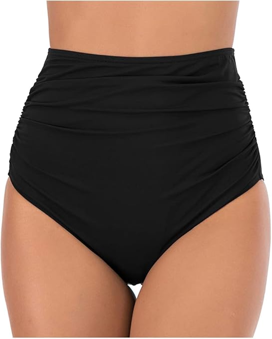 Lovache Women's High Waisted Bikini Bottoms Solid Ruched Tummy Control Swim Briefs Black