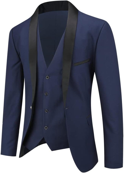 YOUTHUP Mens Suits Slim Fit 3 Piece Suit Shawl Lapel Wedding Dinner Tuxedo 1 Button Blazer Pants Vest, Dark Blue, S