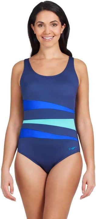 Zoggs Women's Sumatra Adjustable Scoopback Swimwear with Tummy Control, Navy/Blue/Jade, 38-inch/Size 14