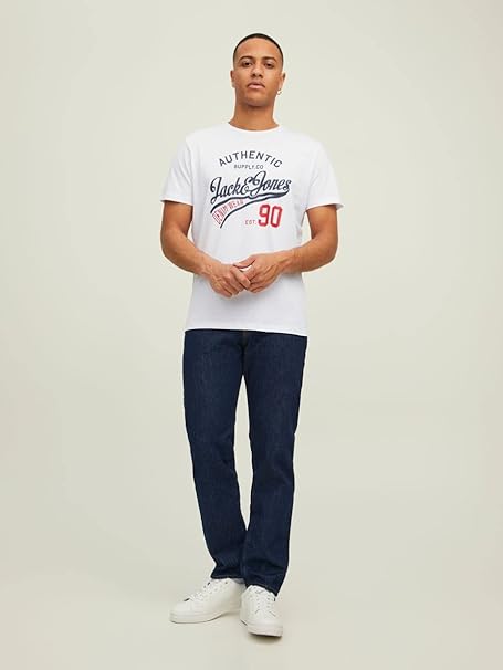 JACK & JONES Men's T-Shirt, Crew Neck, Logo Print, White, L