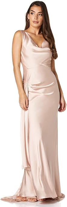 Jarlo London Gabriella Cowl Neck Fishtail Gown with Open Back, Champagne Nude, UK 12