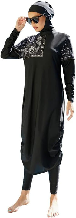 OBEEII Women's Swimsuit Muslim Suit Conservative Long Sleeve Trousers with Headscarf Three-Piece Beach Surf S-XL, Black 02, M