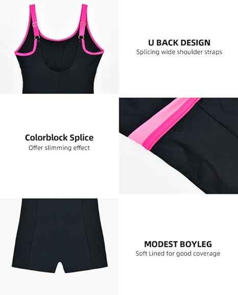 Veranohub Women's Boyleg One Piece Swimsuit Athletic Lap Bathing Suits Conservative Cut(Black/Light Pink,UK16)