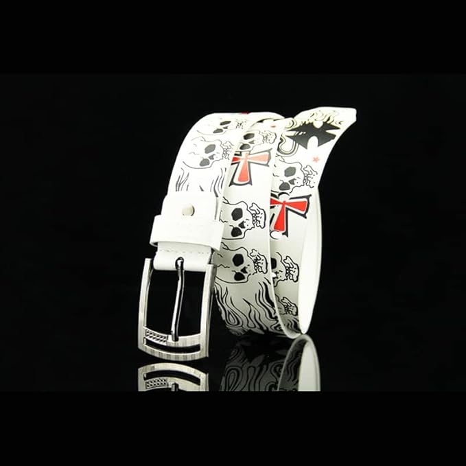 AIBEARTY Punk Skull Skeleton Pattern Pin Buckle Belt Gothic Casual Pu Leather Waistband for Women Men, White, One Size