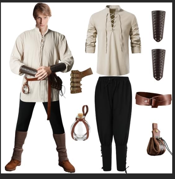 PLULON 9 Pcs Mens Renaissance Faire Costume V-neck Shirts Pants Medieval Knight Costume with Renaissance Accessories for Dress Up Halloween, XL, Beige