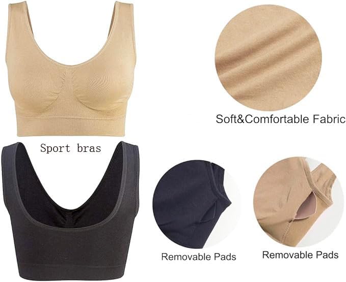 SZJH 3 Pack Of Simply Ultra Comfort Seamless Sport Style Bra With Removable Pads, White/Black/Nude, XXL