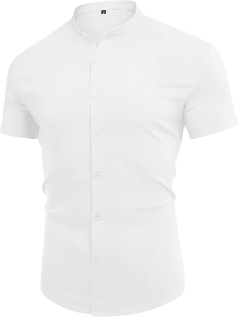 URRU Men's Muscle Dress Shirts Slim Fit Stretch Banded Collar Short Sleeve Casual Button Down Shirt White M