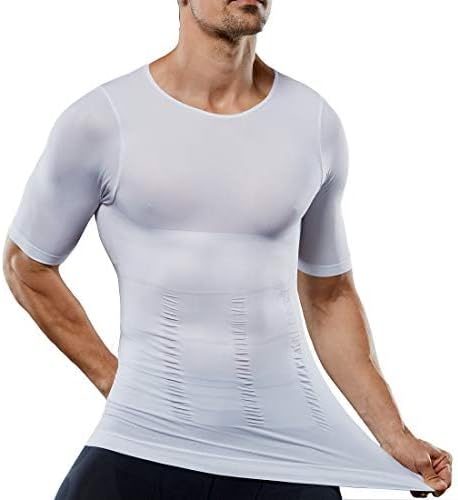 Peony.T Men's Body Shapewear Belly Compression T-Shirt Slimming Top Wear Muscle Tank Wasit Trainer Undershirts Tummy Control White, L