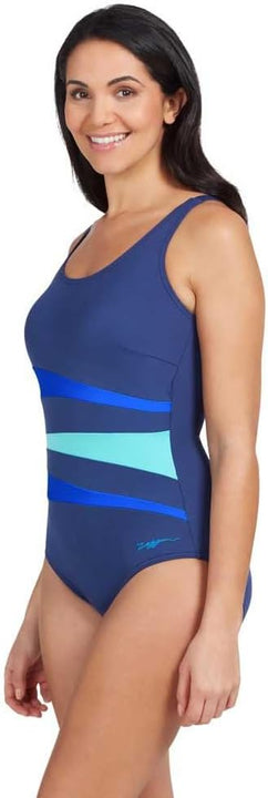 Zoggs Women's Sumatra Adjustable Scoopback Swimwear with Tummy Control, Navy/Blue/Jade, 38-inch/Size 14