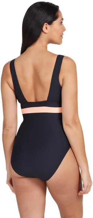Zoggs Women's Square Back One Piece Swimsuit, Black/Coral, 14