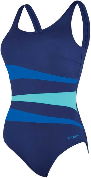 Zoggs Women's Sumatra Adjustable Scoopback Swimwear with Tummy Control, Navy/Blue/Jade, 38-inch/Size 14