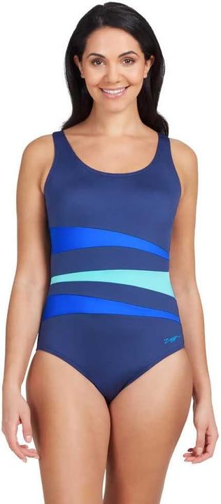 Zoggs Women's Sumatra Adjustable Scoopback Swimwear with Tummy Control, Navy/Blue/Jade, 38-inch/Size 14
