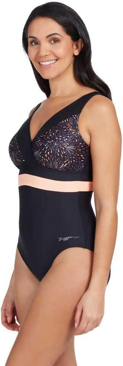 Zoggs Women's Square Back One Piece Swimsuit, Black/Coral, 14